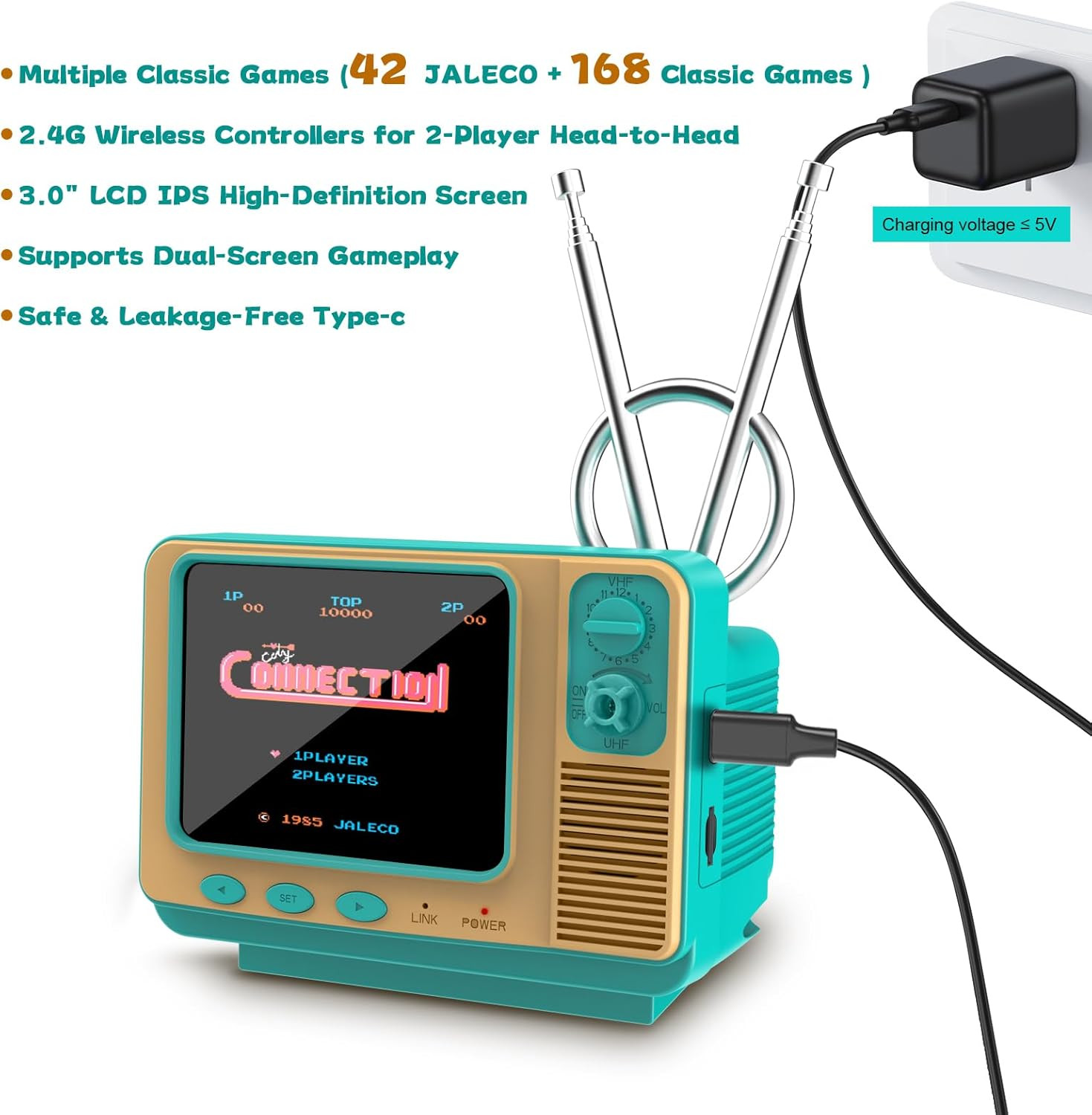 Retro Handheld Game Console – GV300S 42 JALECO+168 Classic Games Mini TV Style w