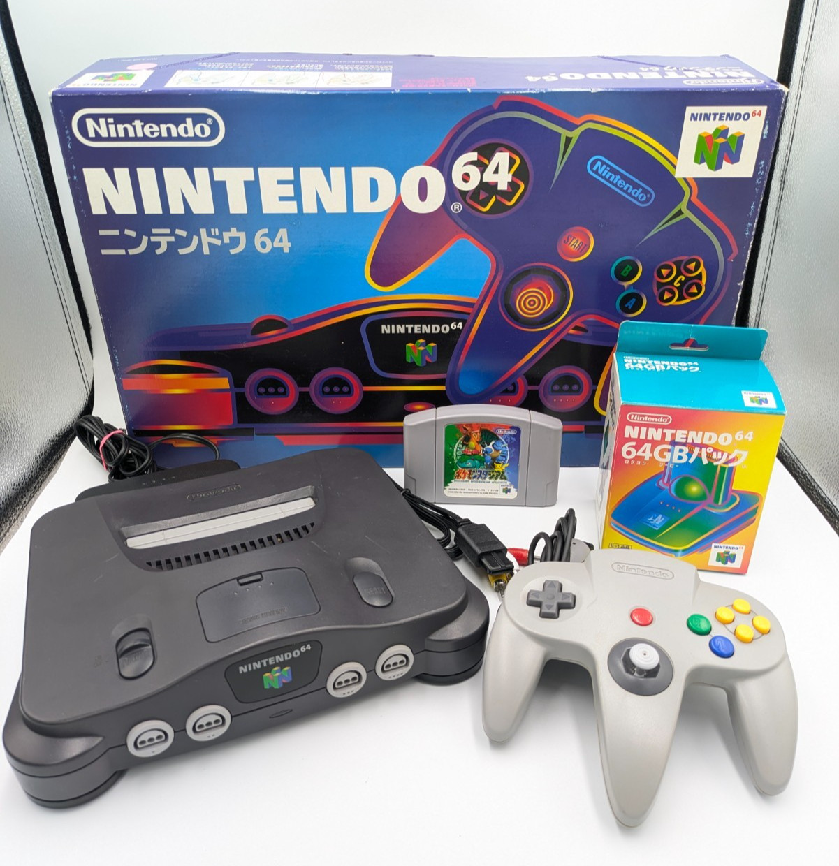 Nintendo 64 Black Console Boxed Controller GB Pack & Pokemon Stadium NTSC-J