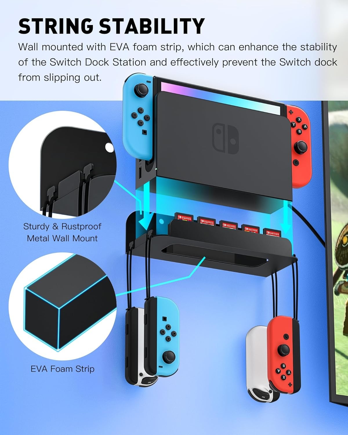 Nintendo Switch Wall Mount – Holds Console, Joy-Cons & Games – Black
