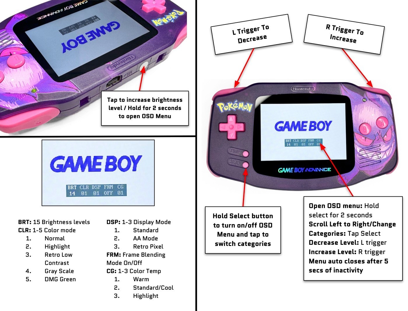 Nintendo Game Boy Advance GBA IPS 101 Backlit Pokemon System UV Rechargeable