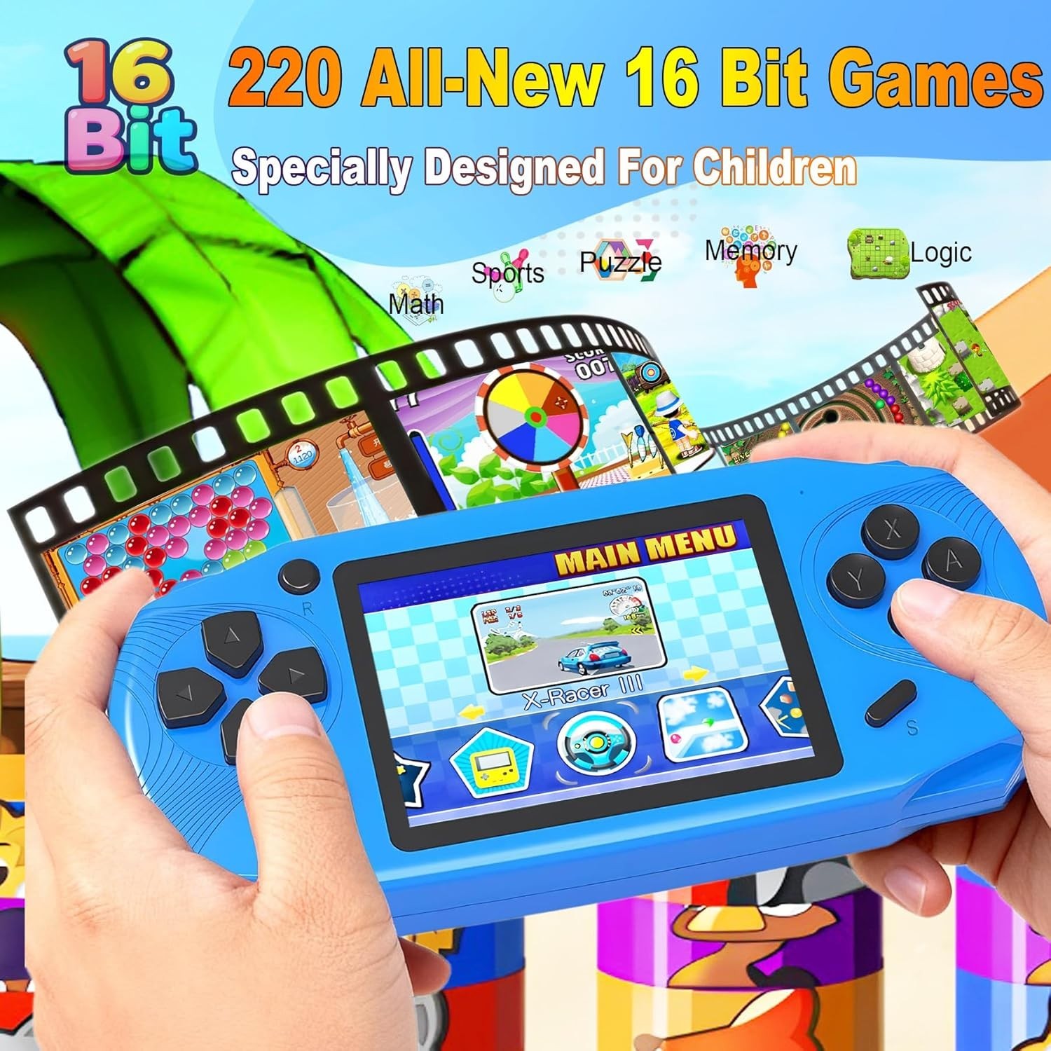 Kids 16-Bit Handheld Game Player – Ergonomic, Rechargeable & Lightweight Design