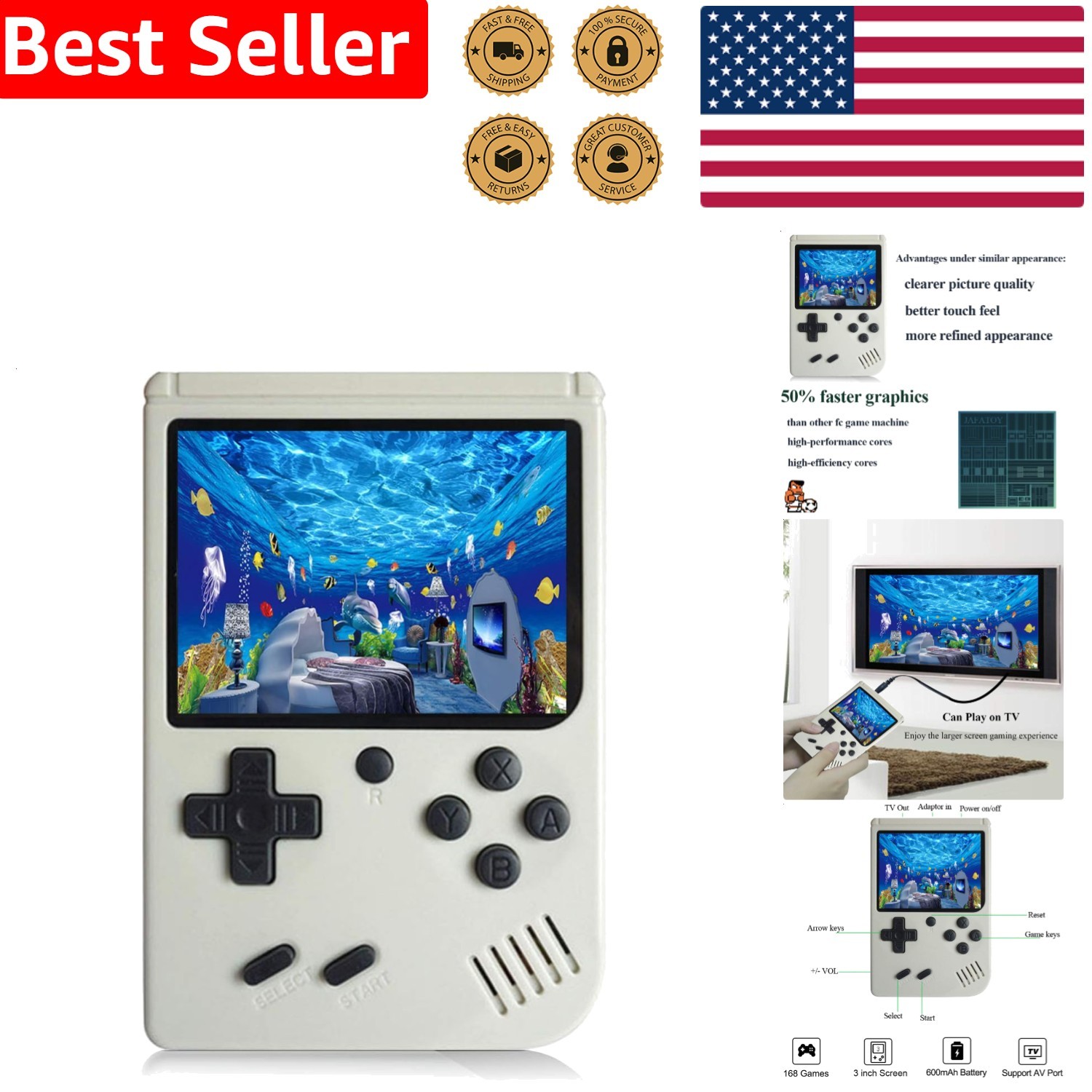 New White Handheld Video Game Console 168 Retro FC Games TV Connect