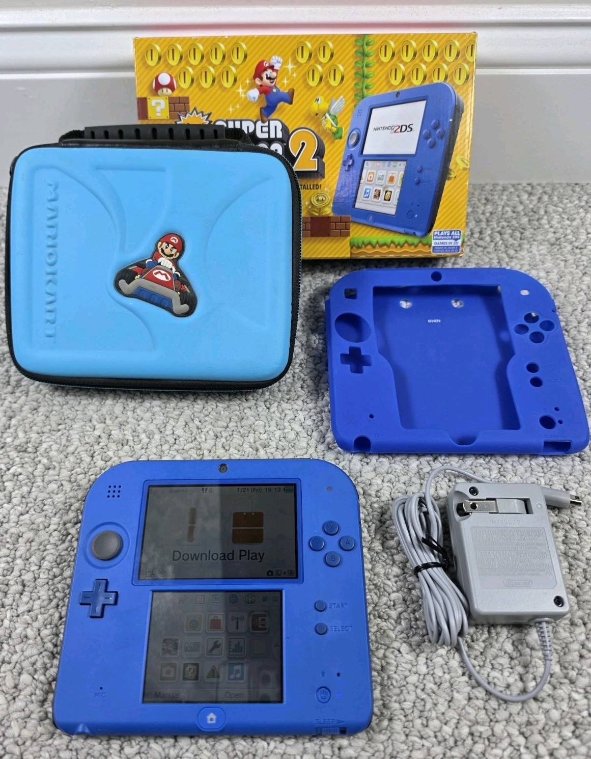 Nintendo 2DS Super Mario Bros Console Electric Blue w/ Extras Tested Working