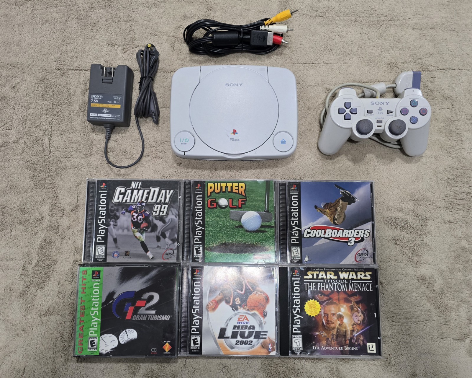 Sony PSone PS1 Console Bundle, Controller, Cables & 6 Games Included