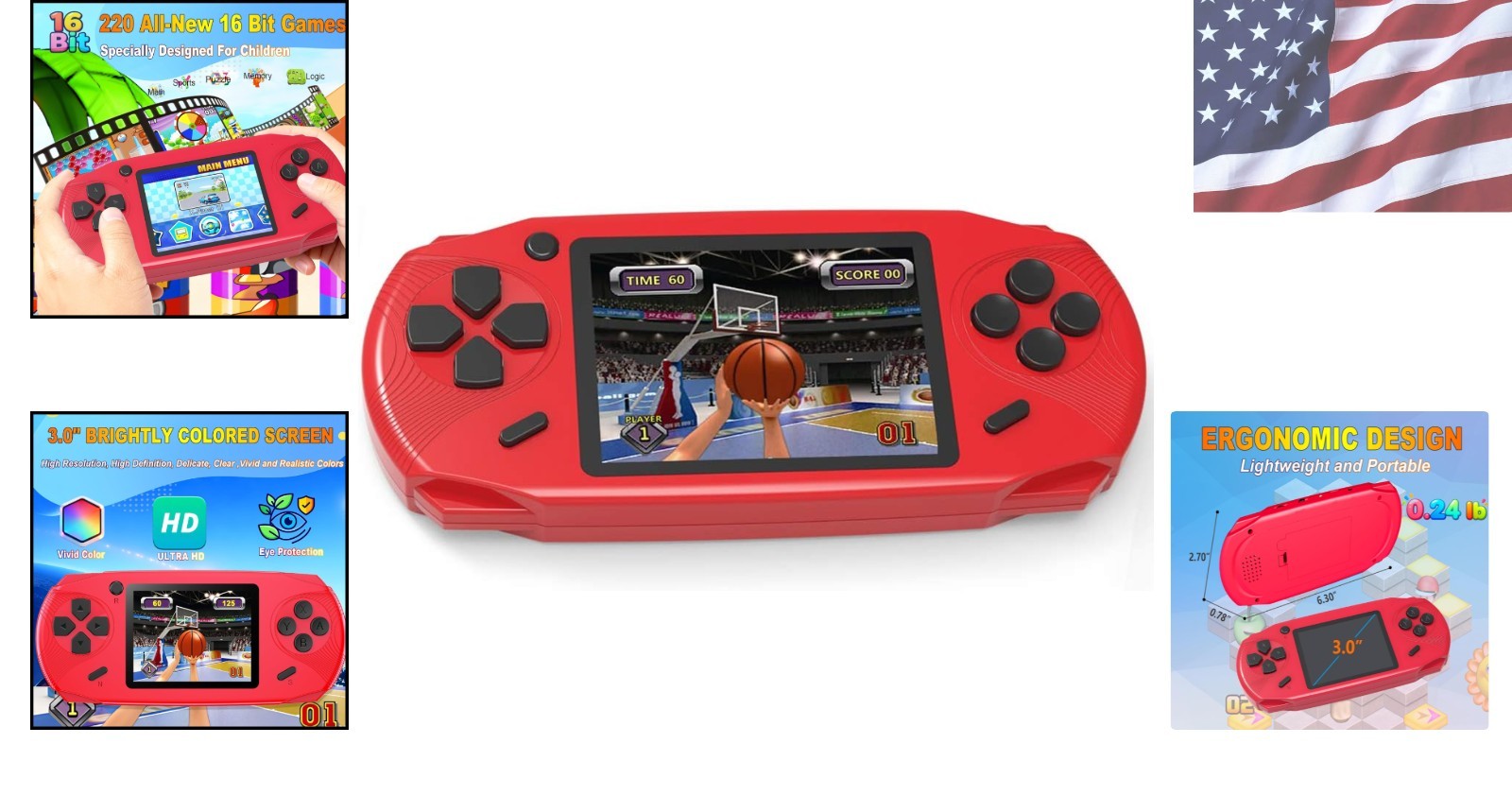 Ergonomic Handheld Game Player – 220 Retro Games, USB Rechargeable, Fun Red Gift