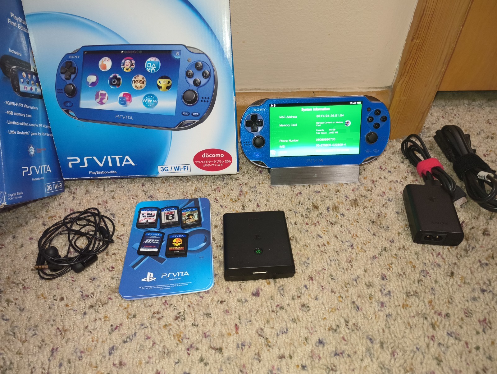 SONY PS Vita Sapphire Blue Wi-fi 3G Model Console Japan mint Extras 60GB