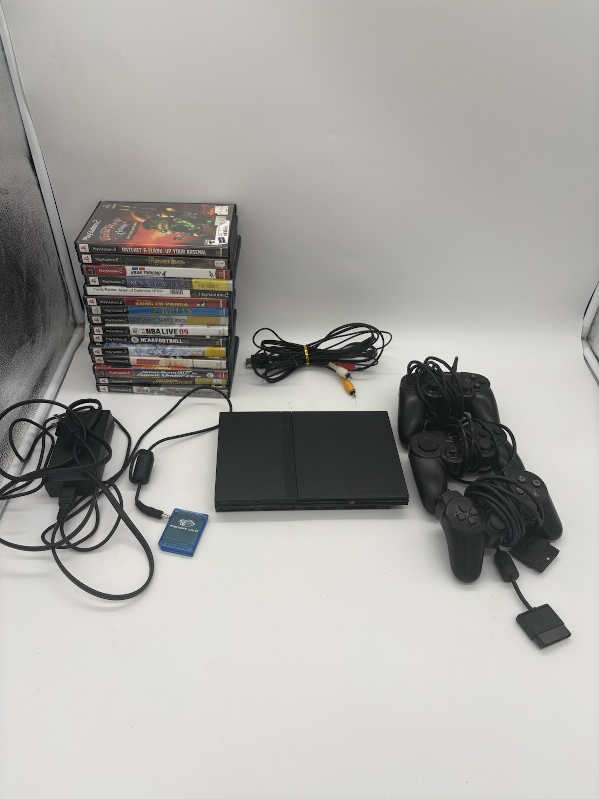 PlayStation 2 Black PS2 Slim Console Bundle Lot 3Controller Memory Card 15 Games