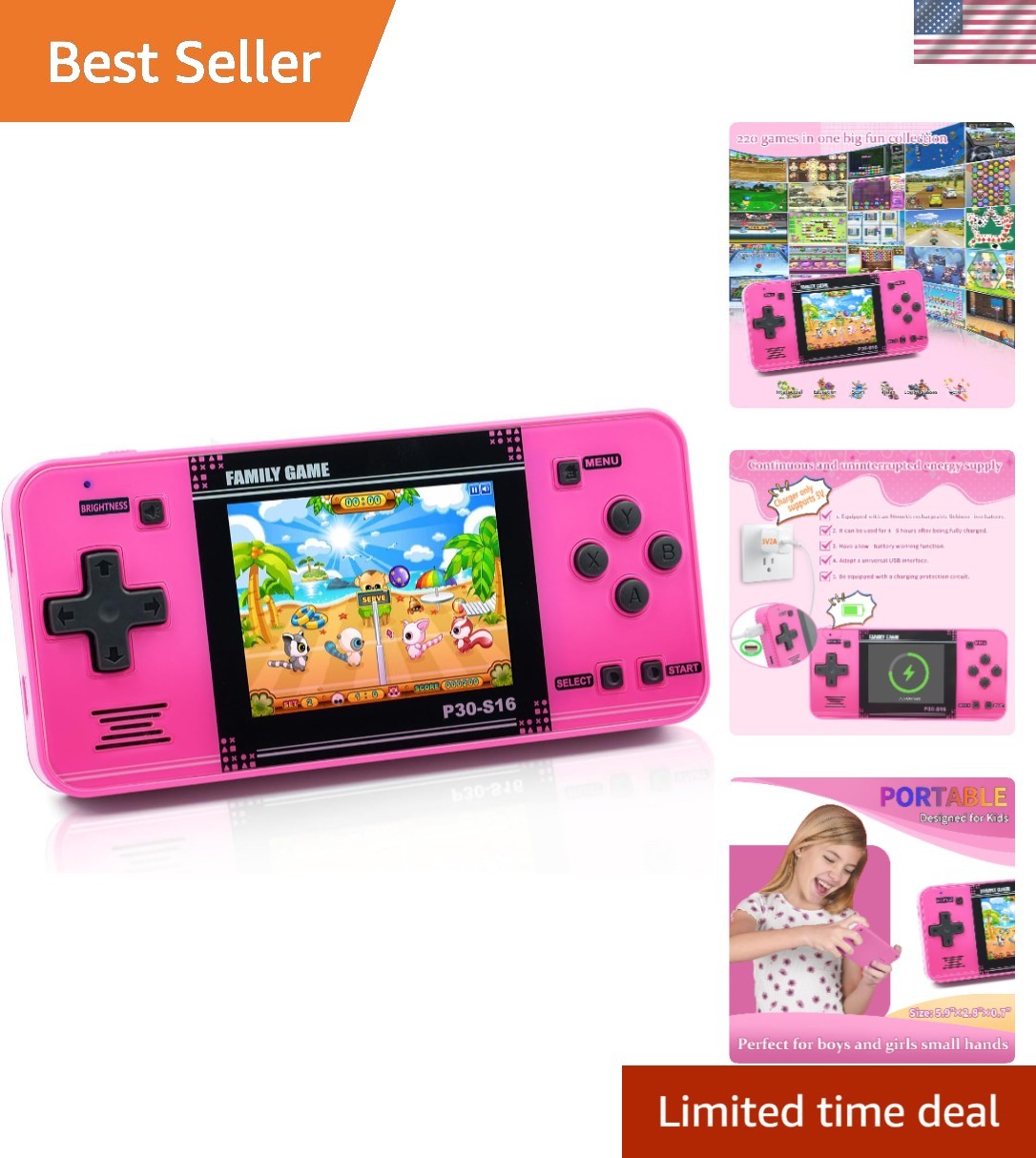 Kids’ Handheld Game with Rechargeable Battery – 220 Retro Game Collection