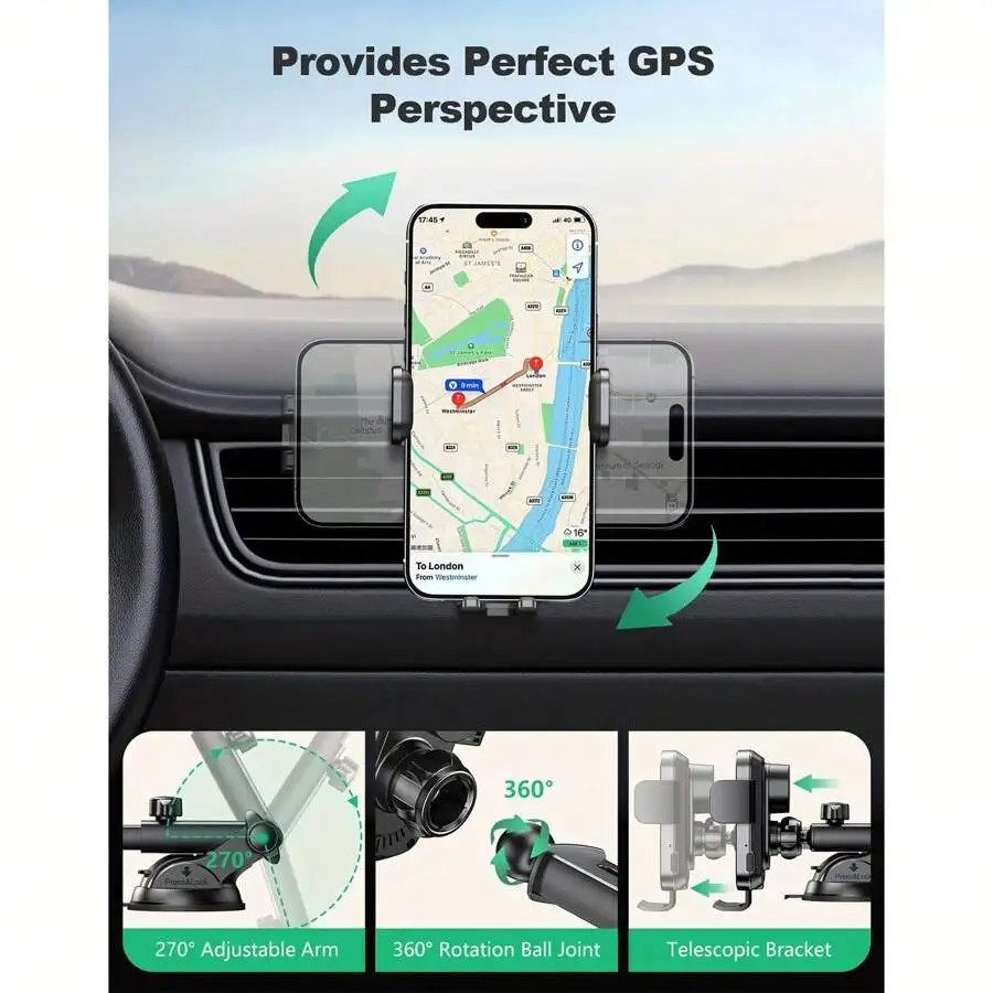 WirelCar Phone Holder – 15W Fast Auto Clamping Mount With And Windshield Compati
