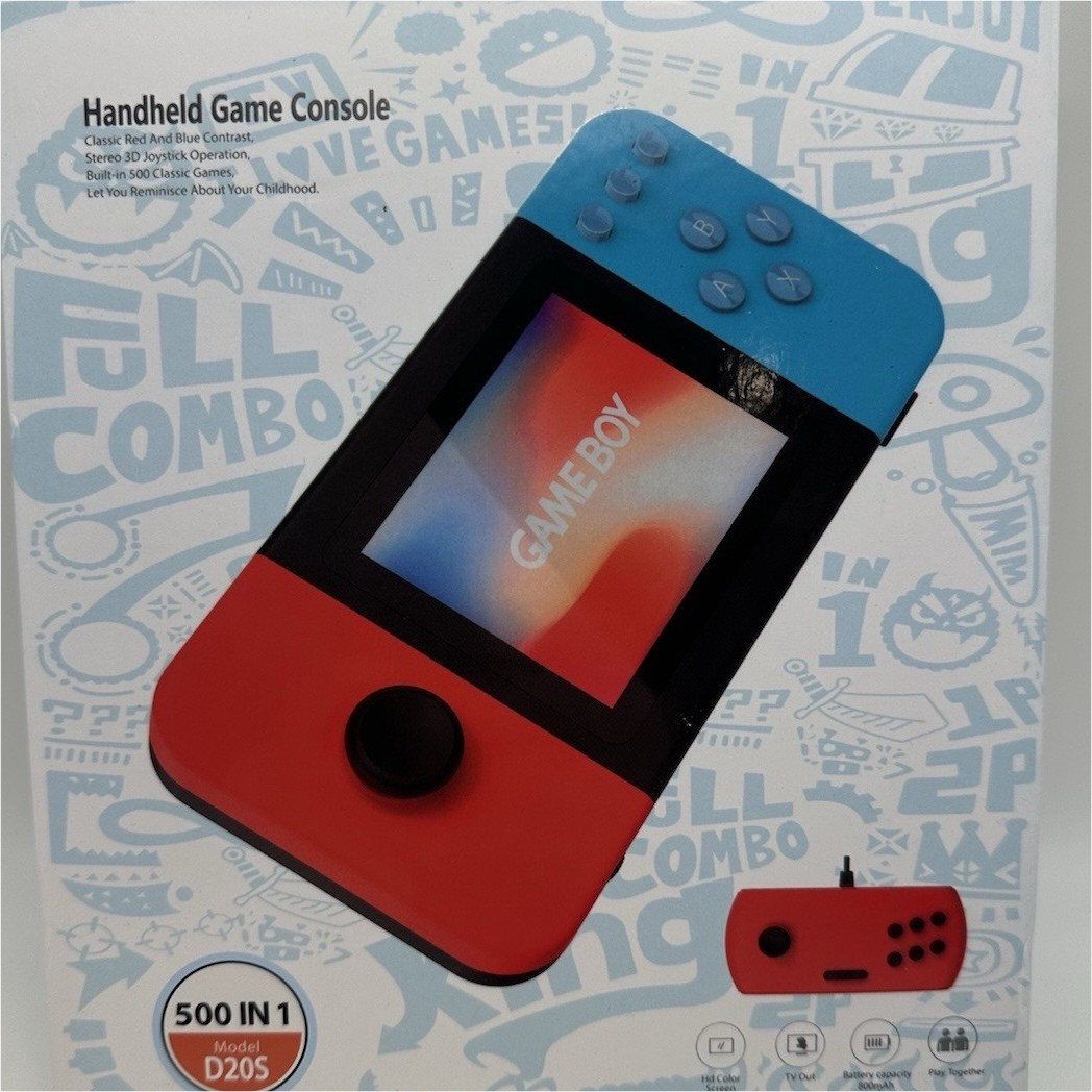 D20S 500-in-1 Handheld Game System, Built-in Games, TV Output, Red/Blue/Black