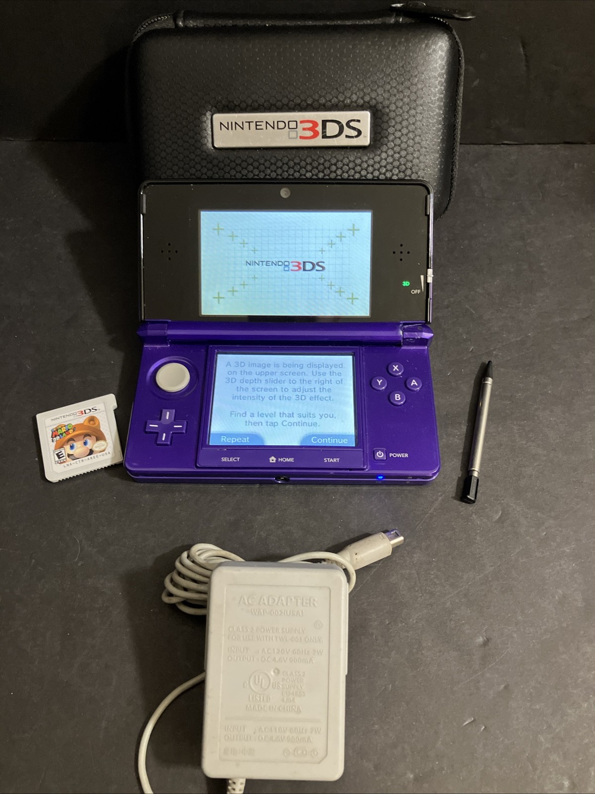 Nintendo 3DS Purple Handheld Console Bundle w/ Case & Mario Game CTR-001 2GB