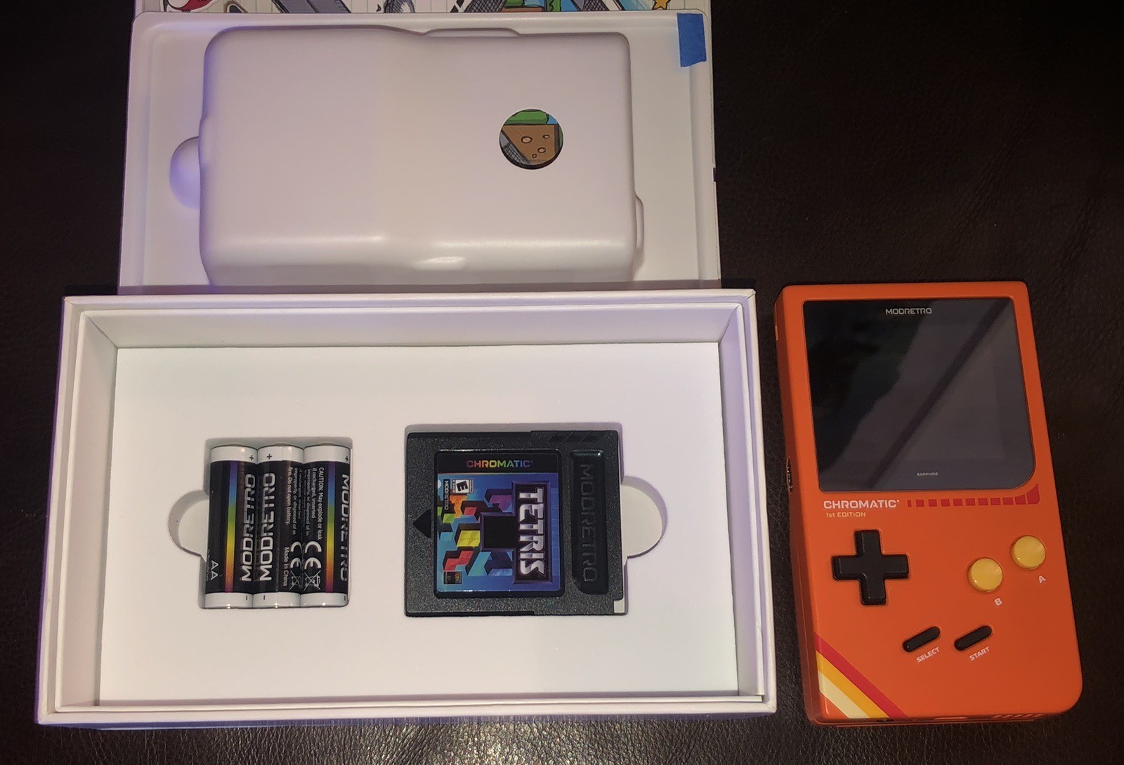 1st Edition ModRetro Chromatic Game Console ORANGE Version w Tetris & Box!