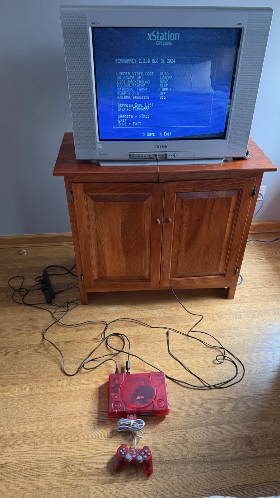 Red PlayStation 1 w/ XStation Recapped Laser Bear Controllers IGR MemCard Pro