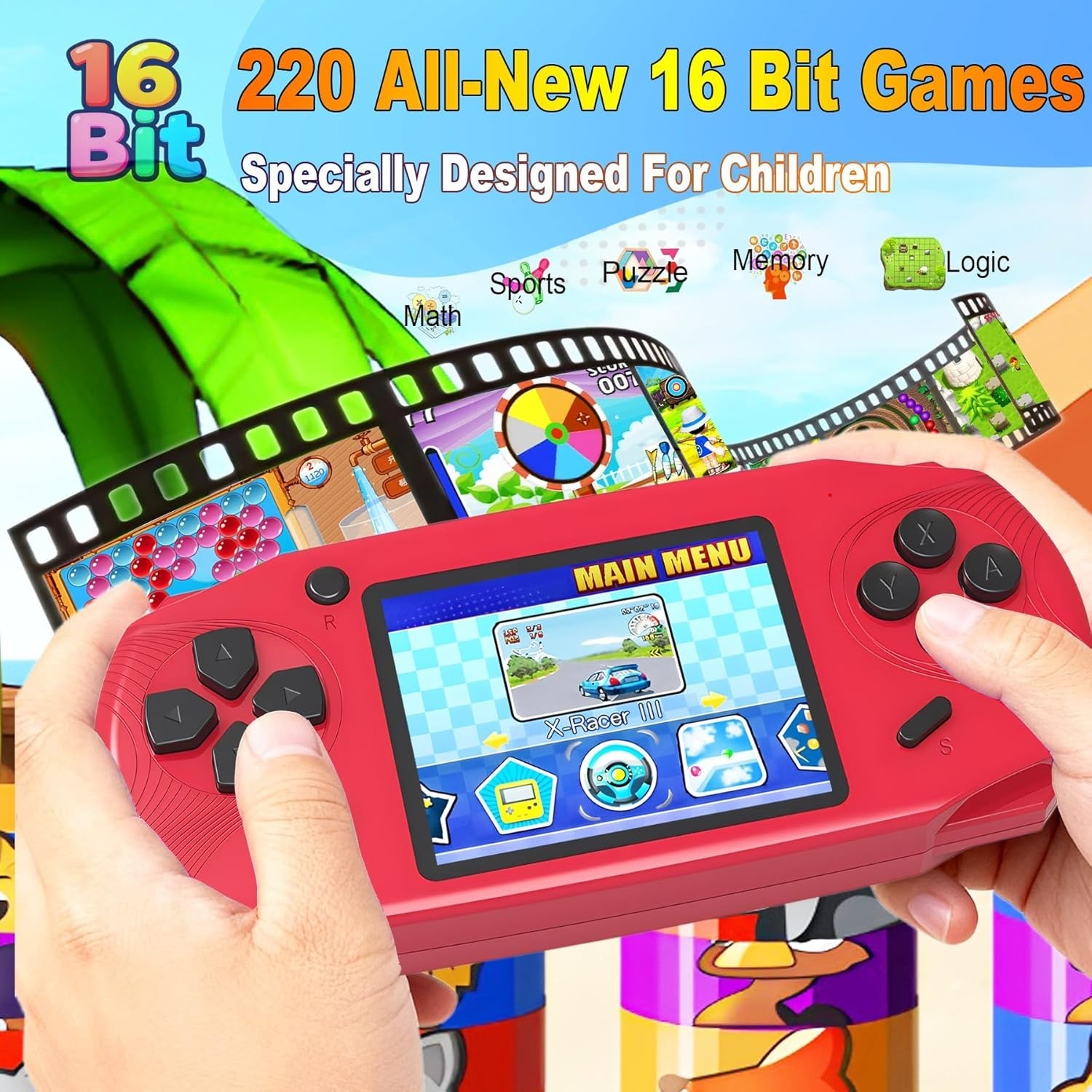 Ergonomic Handheld Game Player – 220 Retro Games, USB Rechargeable, Fun Red Gift