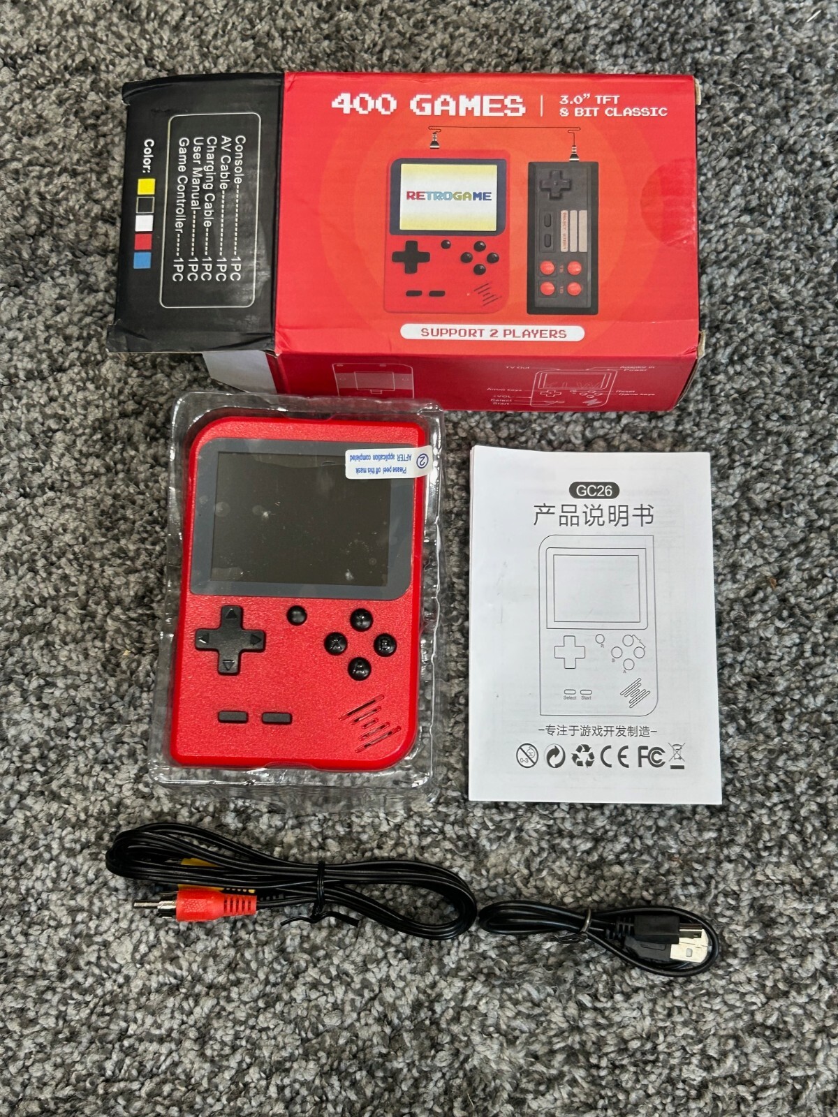 New 400 Game 3.0 TFT 8 Bit Classic Rechargeable Battery Red, plays on TV w/Cords