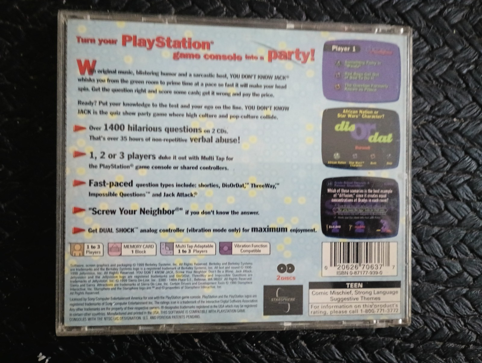 sony playstation 1 console 1 controller 2 memory cards + you don’t know jack