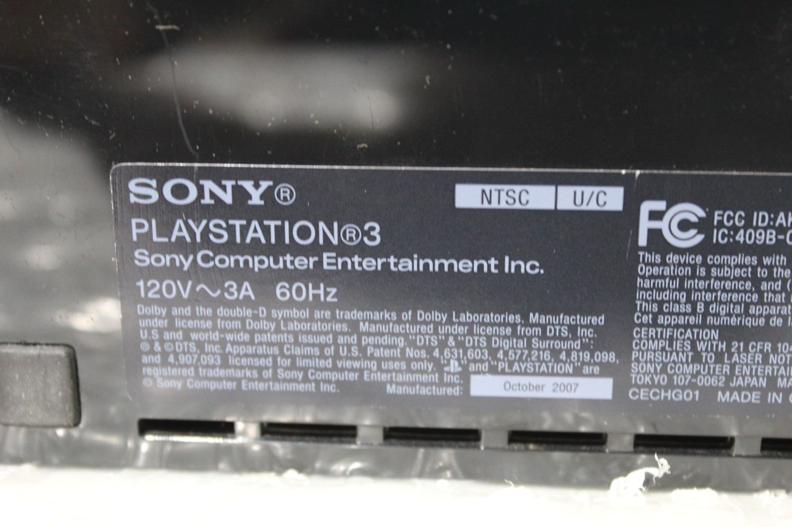 SONY PS3 CONSOLE CECHG01 / Missing Memory from unit