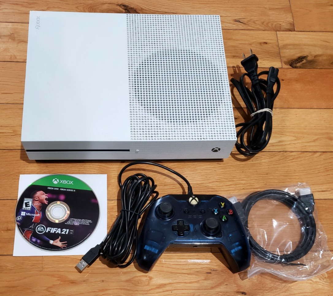 Xbox One S 1TB Console 1681 White Bundle, Wired Controller, Cords, TESTED *READ