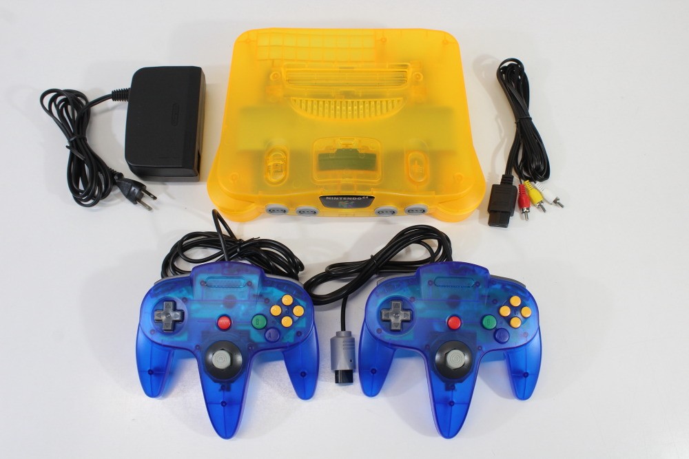 Nintendo 64 Clear Orange Console New Shell N64 Blue Controller x2 AC AV Bundle