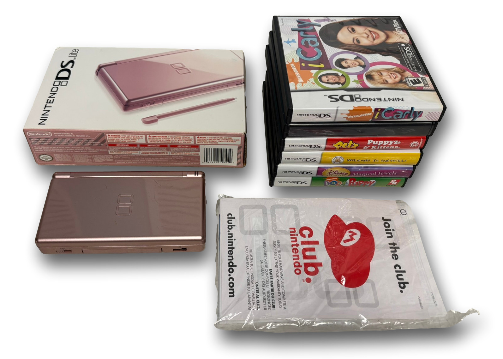 Nintendo DS Lite Metallic Rose w/ Box and 6 CIB Games Bundle