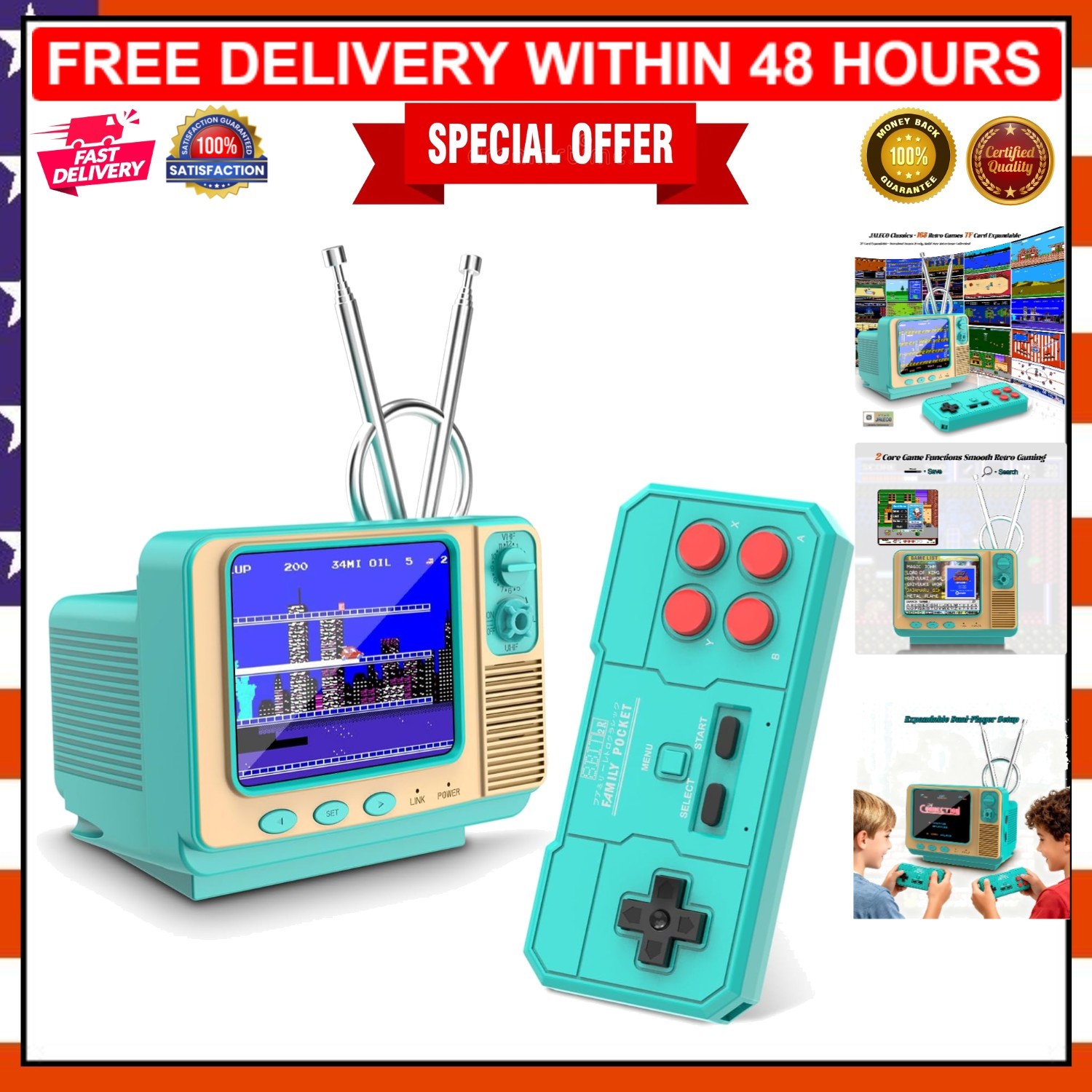 Classic Mini TV Style Handheld Console with 168 Games & Dual 2-Player Support