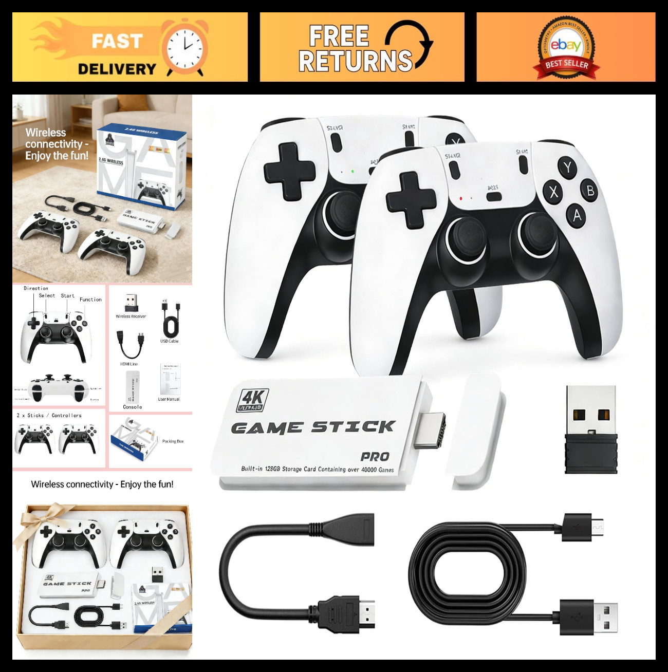128GB Retro Game Stick – Plug & Play HDMI Console for TV/PC, Dual Wireless Contr