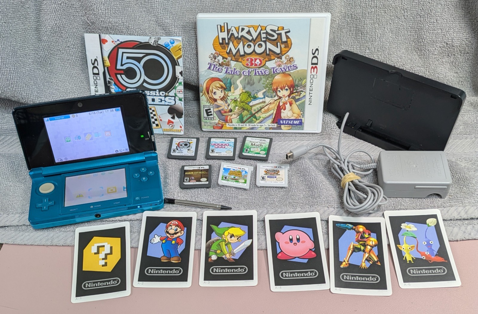 Nintendo 3DS Aqua Blue Handheld Console CTR-001 Bundle Tested