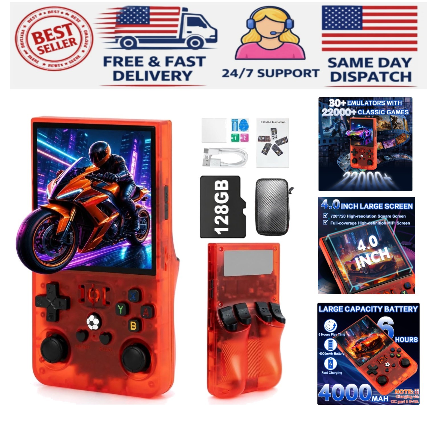 R36MAX Handheld Game Console – 4.0-Inch Screen, Support 22000+Classic Games,1…