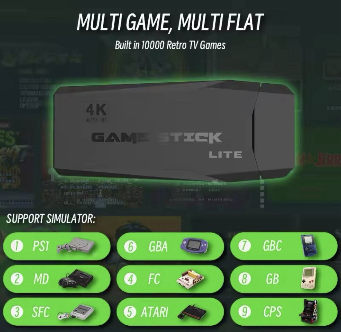 TV STICK HDMI 4K 64 GIGA 2 CONTROLLER CONSOLE 10000 GAMES RETRO PREINSTALLED
