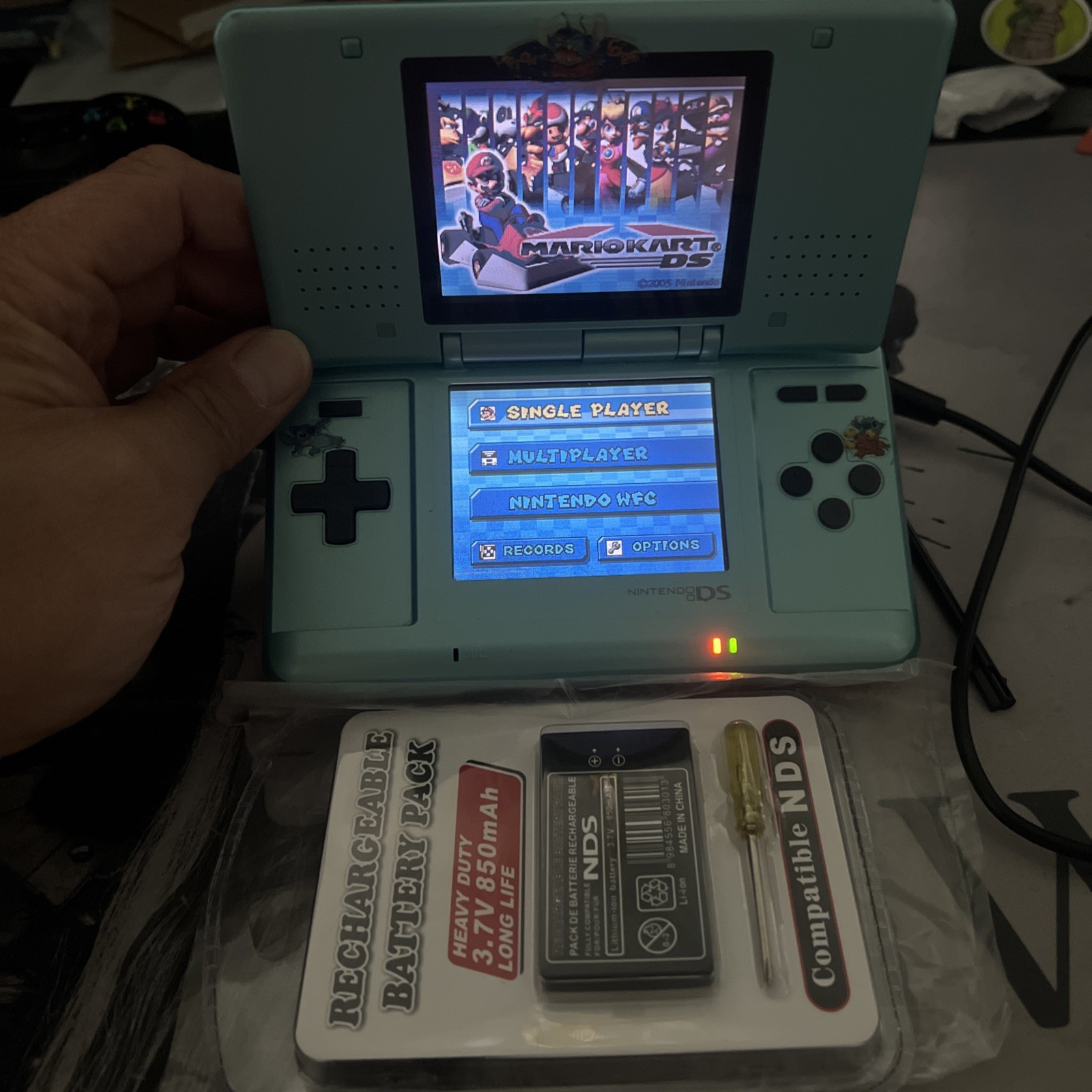 Nintendo DS Sky Blue Console Stylus.Backup New Battery.MARIO KART.Charger.MEP
