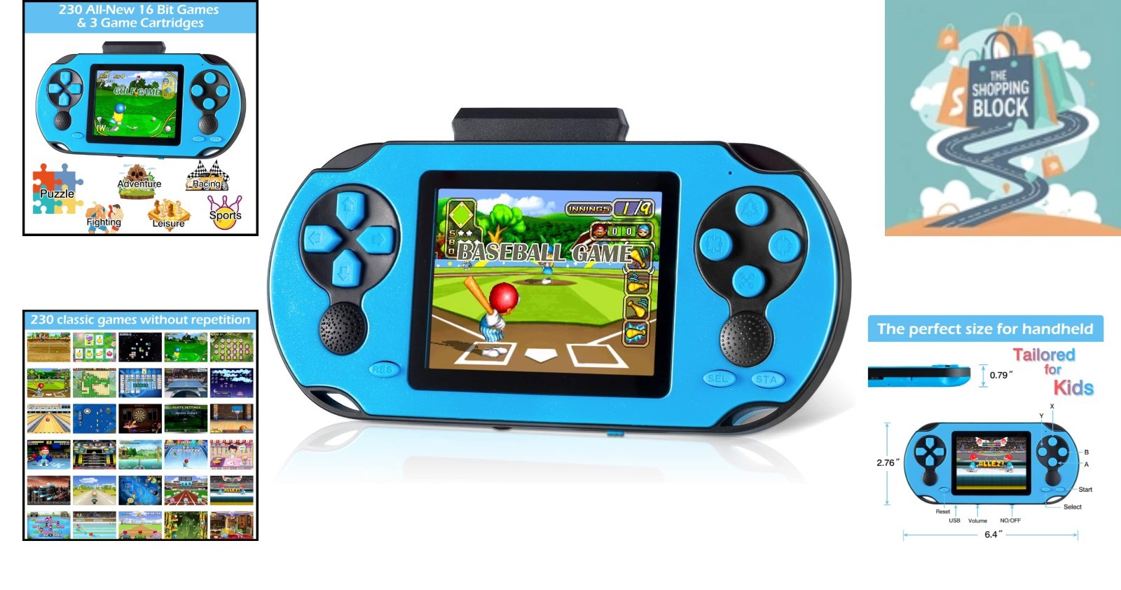 Blue 16-bit Handheld Game Console with 3″ HD Screen, 230 Games & 3 Cartridges
