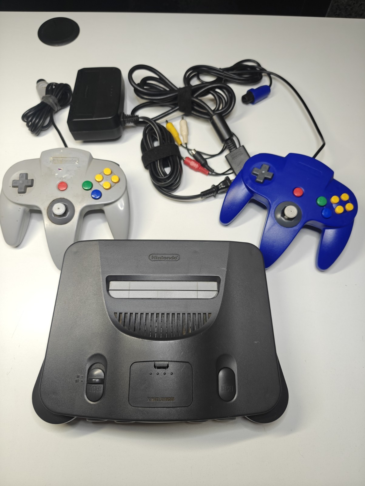 Nintendo N64 Console W Blue & Gray Controllers, Cables And Memory Card 4 Parts ⚠