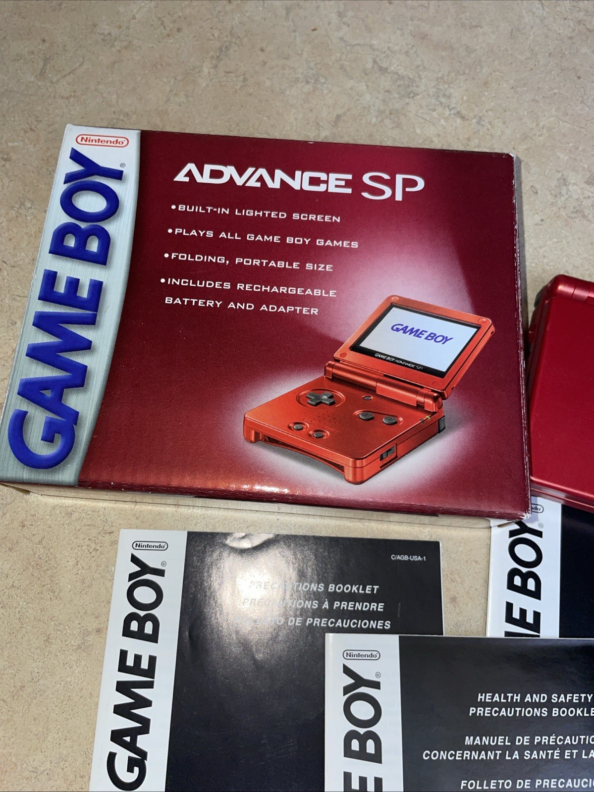 Nintendo Game boy Advanced SP Flame Red AGS-001 CIB w/ Box Charger Manuals CLEAN