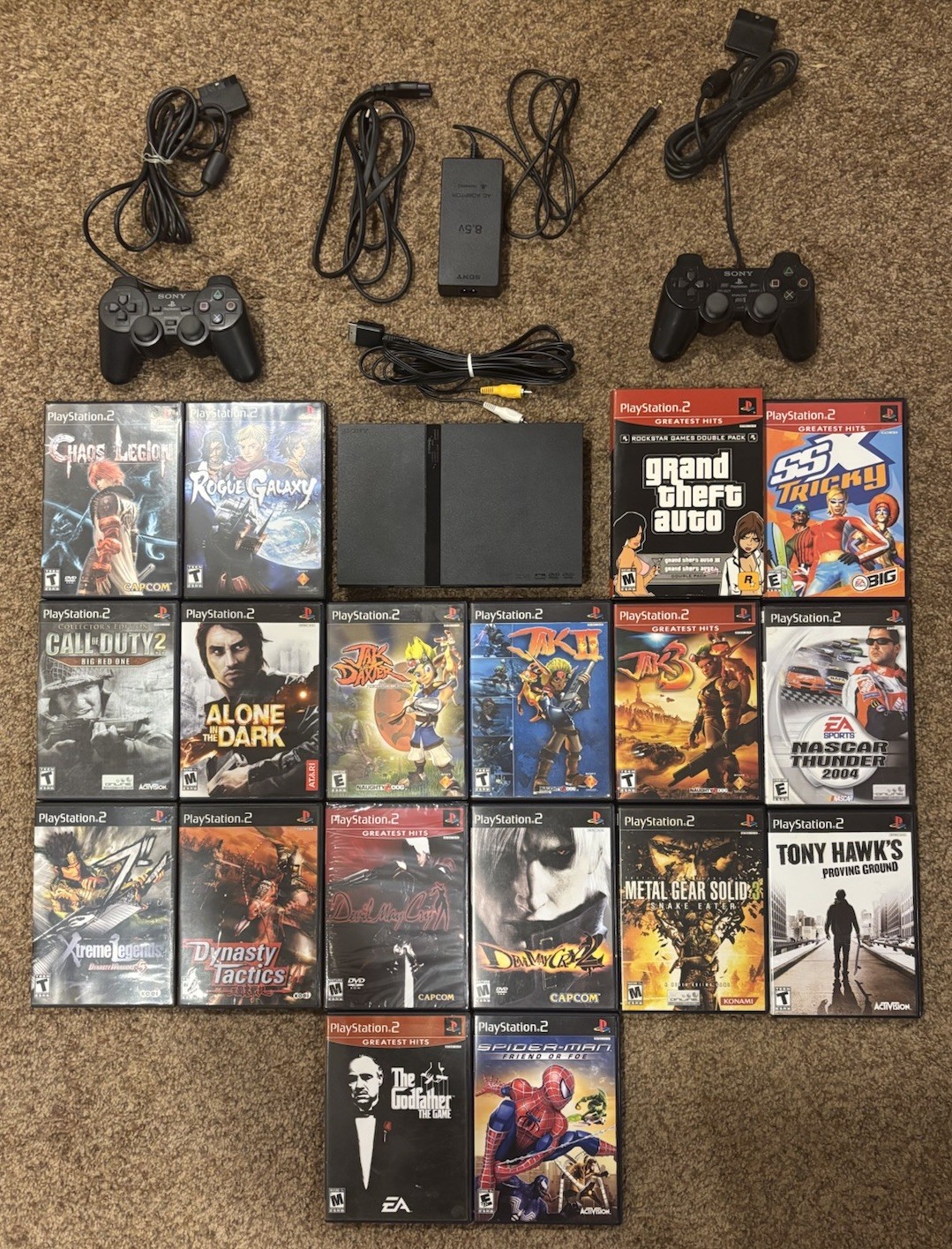 Sony PlayStation 2 Slim – Black (SCPH-79001) – 2 OEM Controllers & 19 Games Lot