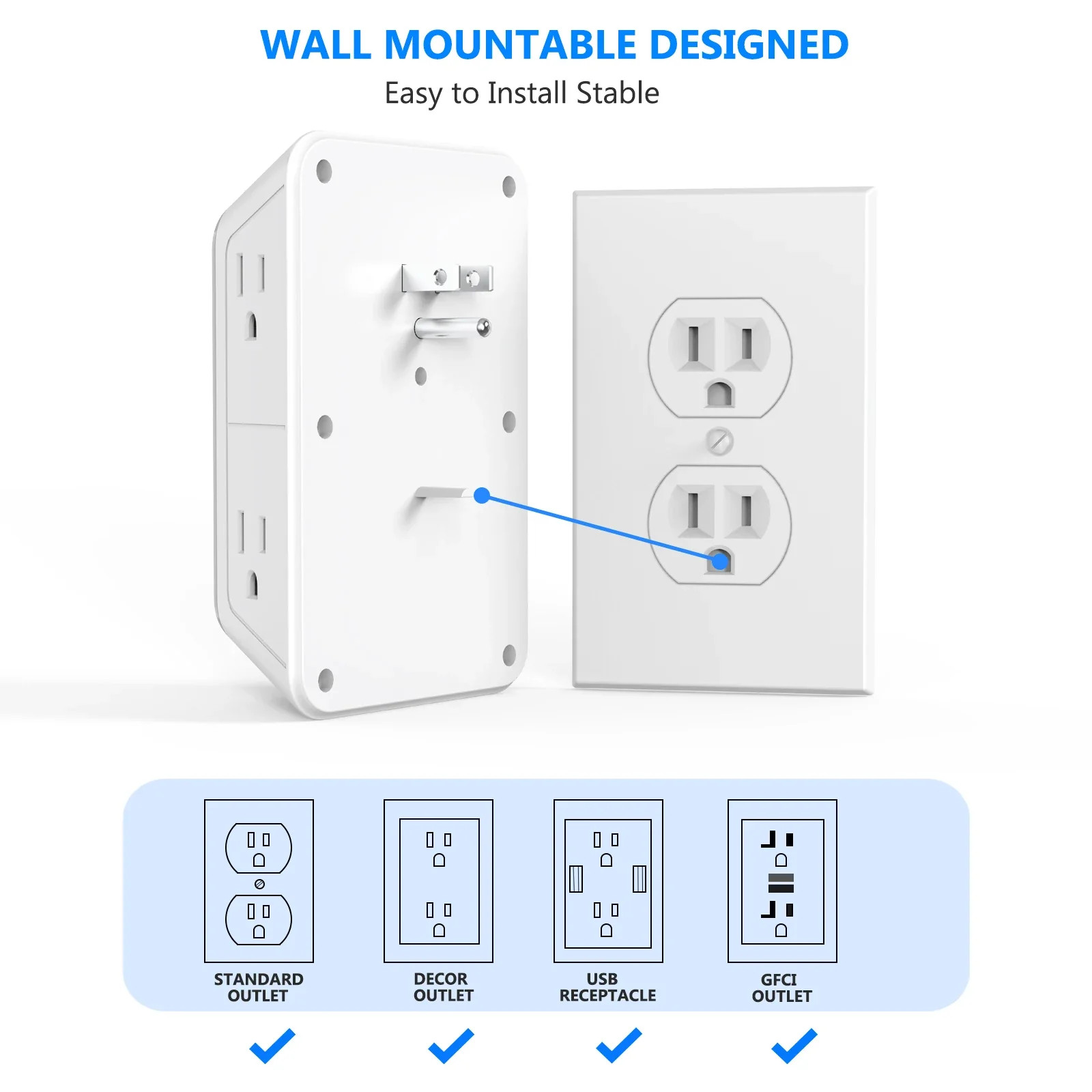 US Multi Socket Wall Socket with 6 AC Outlets 4 USB Port(2 Type C), Universal Pl