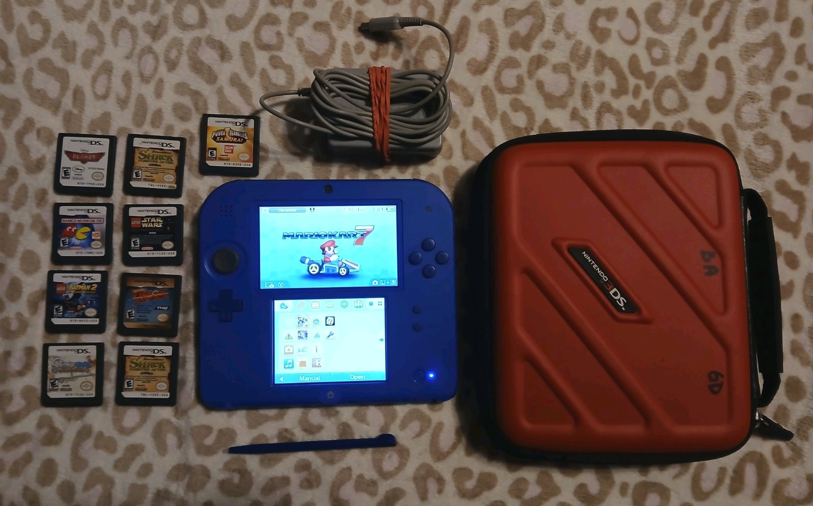 Nintendo 2DS Lot Black/Blue Mario Kart 7 Edition + Charger+ Case + Games Bundle