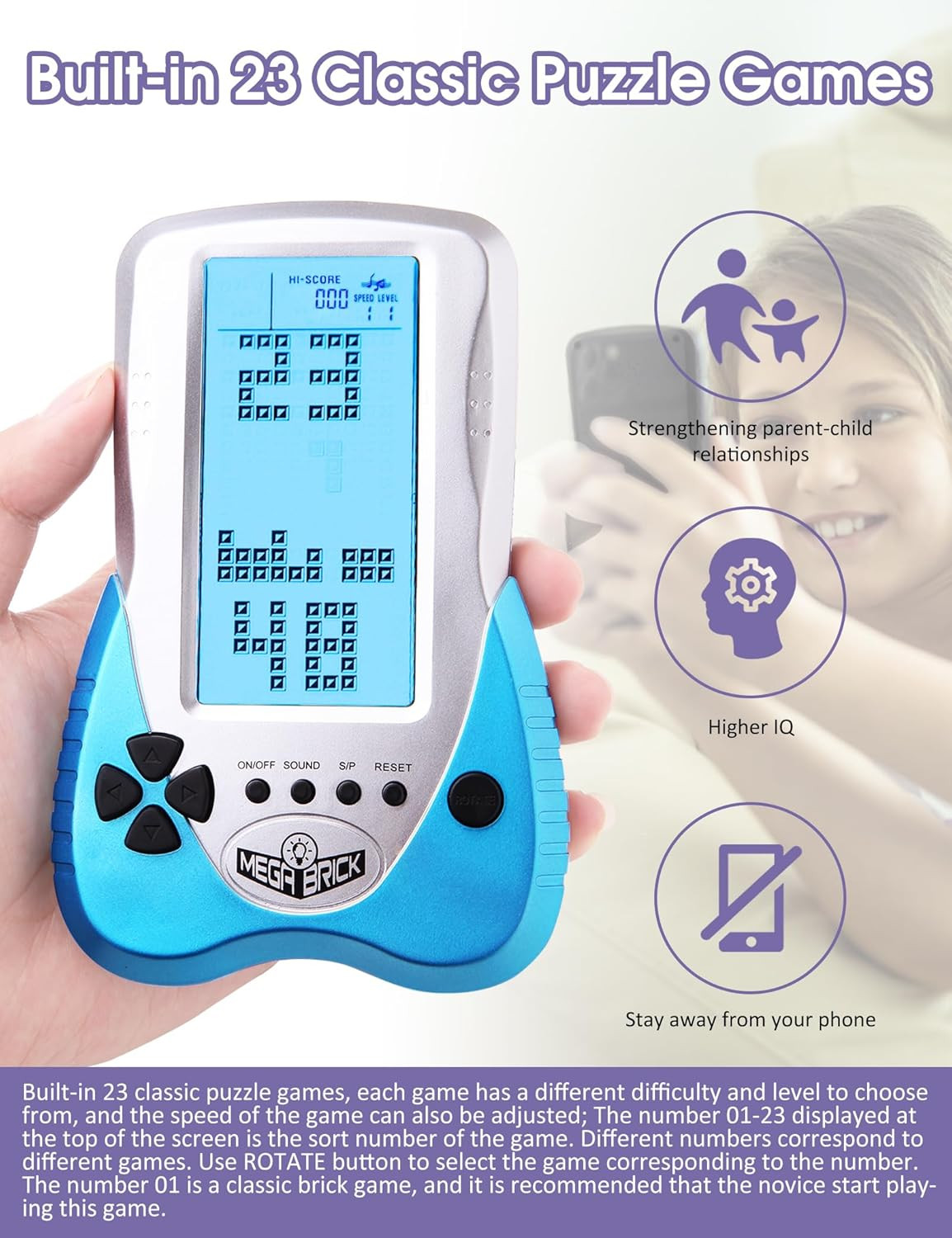 New Retro Block Brick Game Console Large Screen Blue Backlight Brightness Can Be