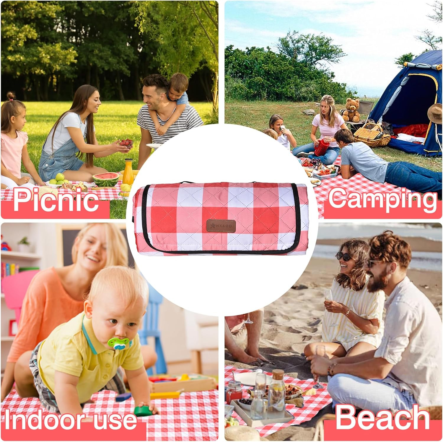Outdoor Picnic Blanket, Extra Large, 80”X80” Waterproof Foldable Blankets Ging