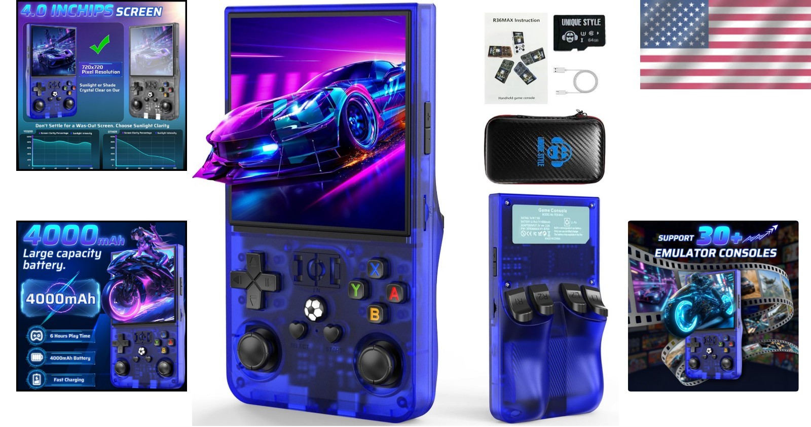 R36MAX Retro Gaming Console, 30+ Emulators, 6 Hours Play on 4.0″ Screen, Blue