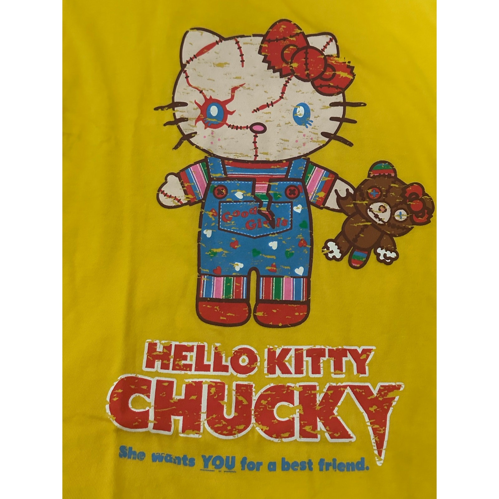 Universal Studios Japan Hello Kitty Chucky Graphic T Shirt Adult Size S Yellow
