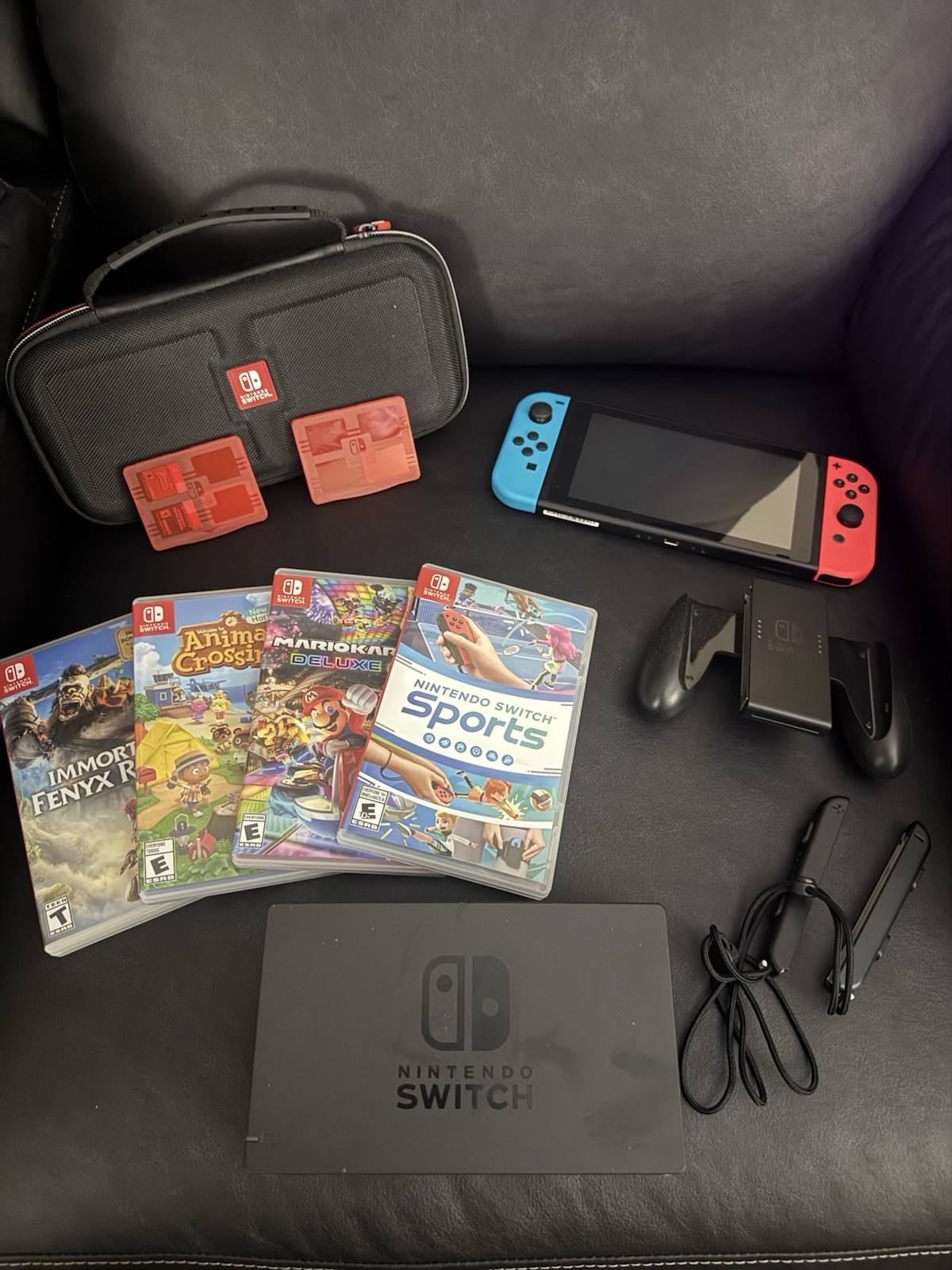 Nintendo Switch Console Black/Blue/Red Bundle with 4 Games & Accessories