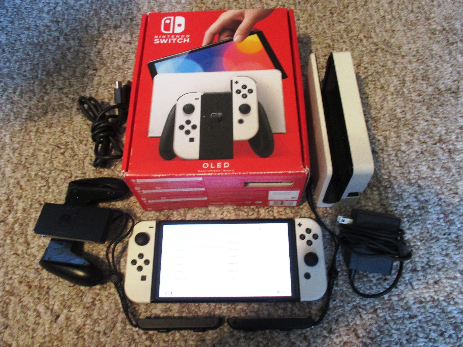 Nintendo Switch OLED System Black Console in Box w/White Joy-Cons + Dock +