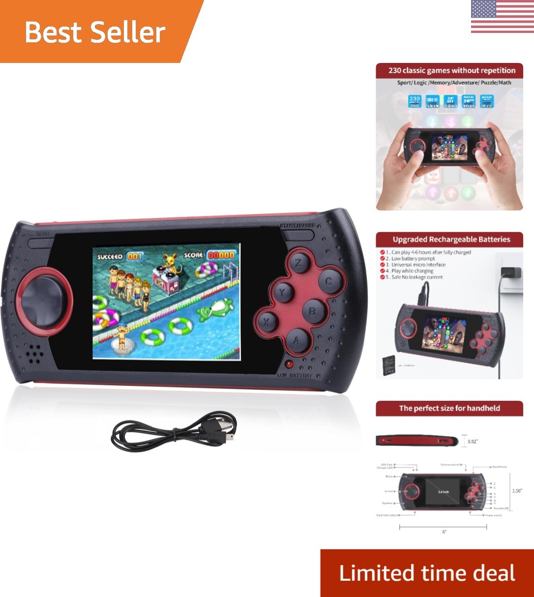 Rechargeable 3-Inch HD Handheld Game for Kids – 230 Educational Games Included