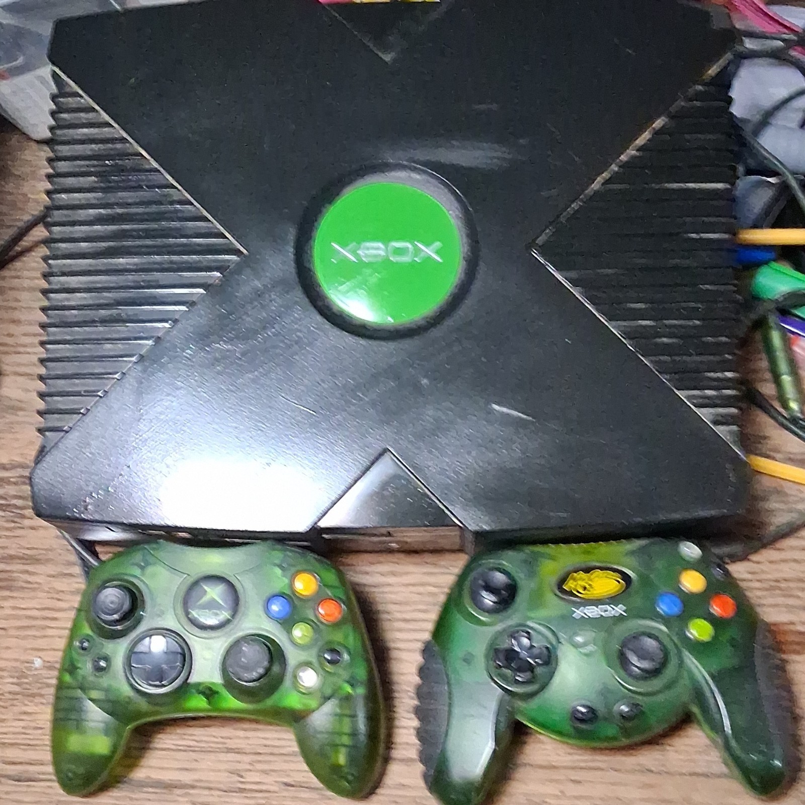 Microsoft Xbox Black Console with 2 Green Controllers Microsoft Xbox Platform