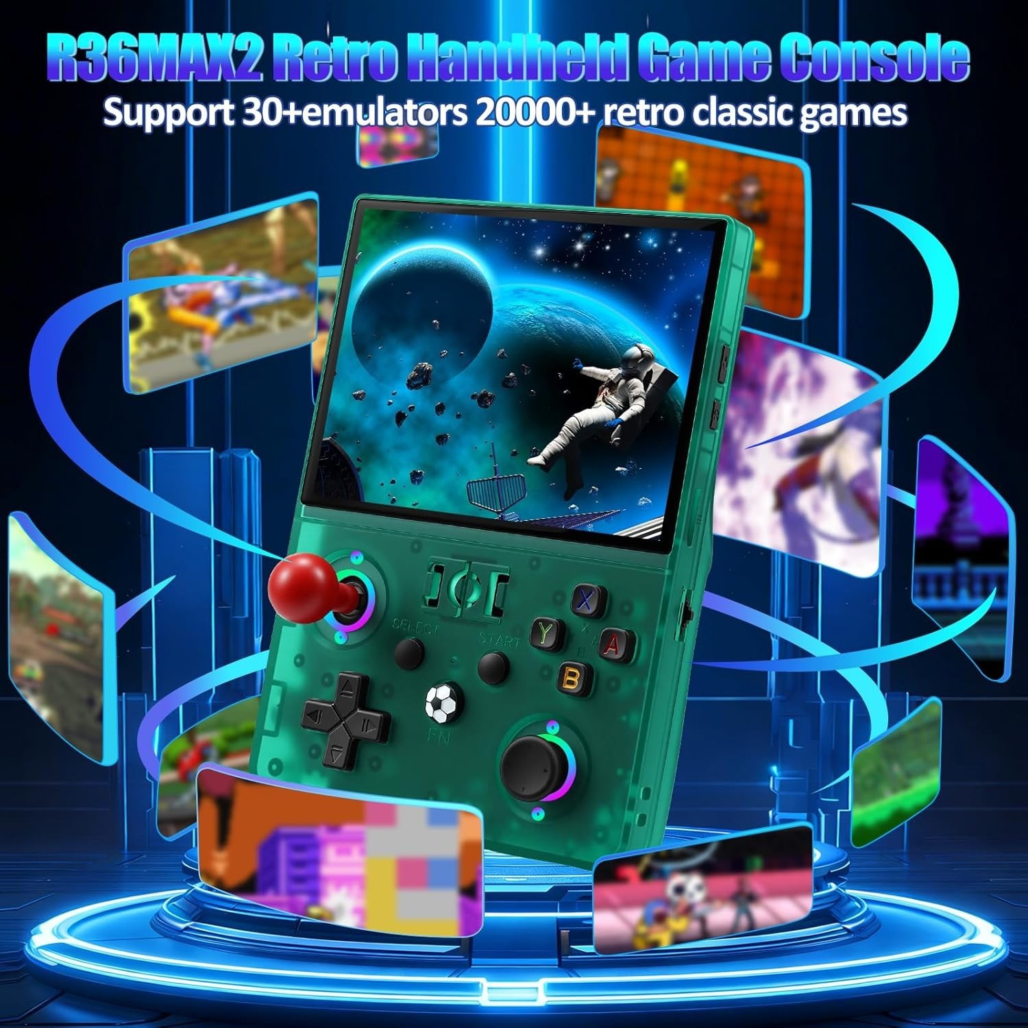 R36MAX 2 Retro Handheld Game Console, 4.5 Inch, HD Screen 128GB Green Color