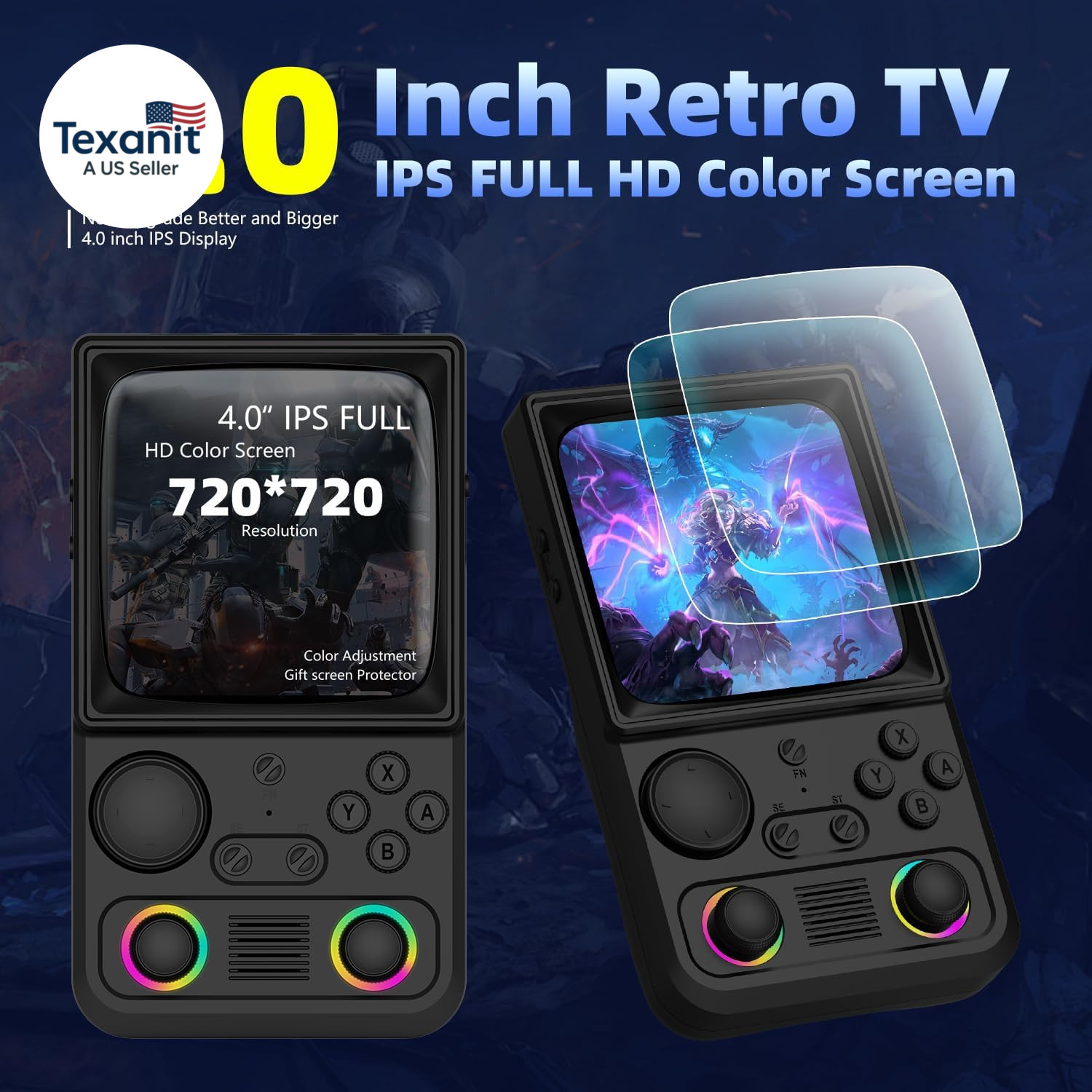 R36TMAX Retro Handheld Game Console, 4.0” 720X720 IPS Screen, 64GB Supports 180