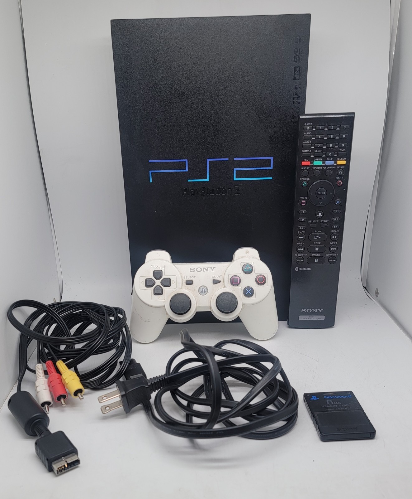 Sony PlayStation 2 PS2 Black Console Controller Cables 8MB Card, Tested Working