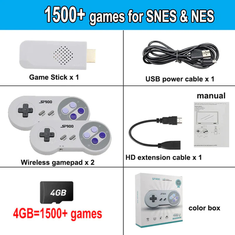 SF900 Retro Game Console HD Video Game Stick with 1500 Games for SNES Wireless C