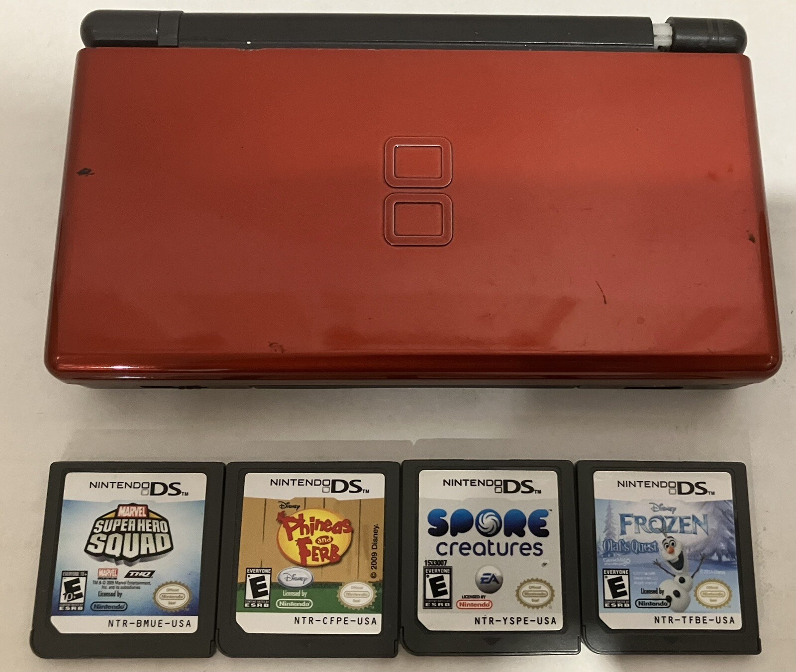 NINTENDO DS LITE & 4 GAMES LOT! CRIMSON RED/BLACK WORKING! WORKING! read LOOK!!!
