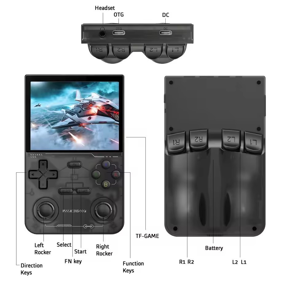 Black K36 Retro Handheld Video Game Console 3.5″ IPS Screen 64GB 16000+Games